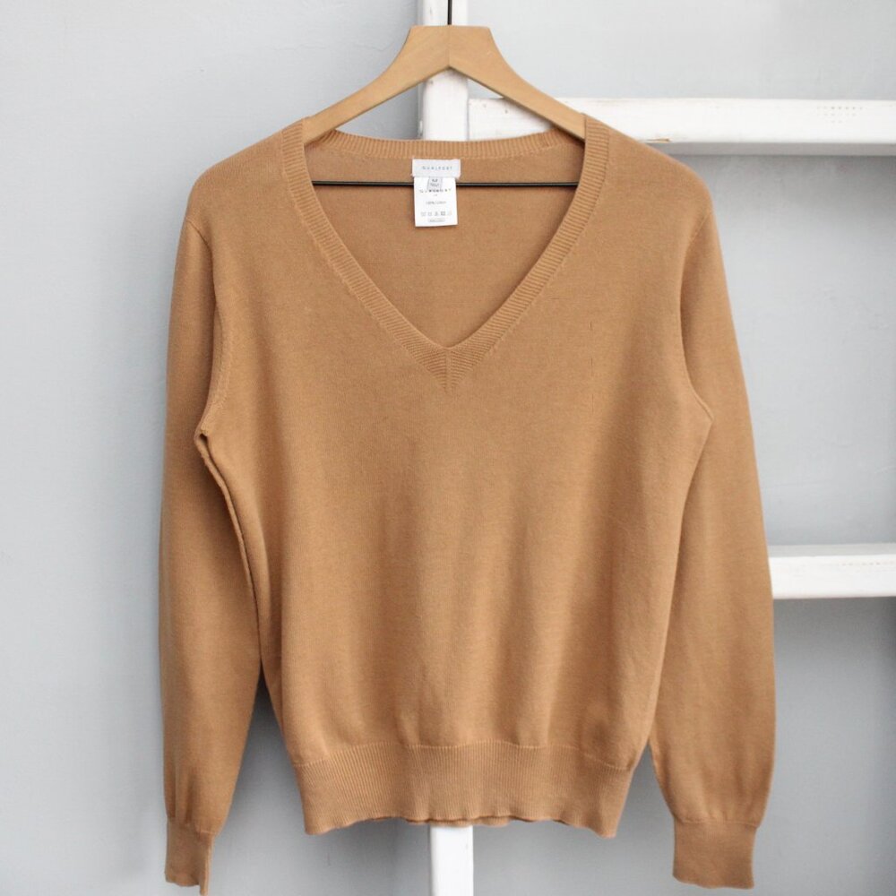 QUALFORT Women's Tan Sweater Cotton Long Sleeve Pullover V-Neck Sweater Medium - Picture 3 of 5